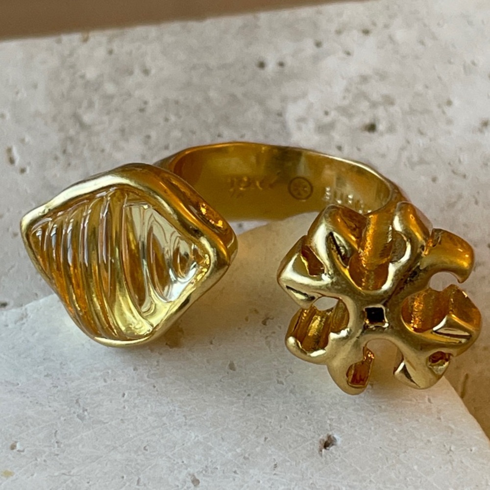 Tory Burch Gold Floral Open Ring Adjustable Statement Ring Logo Designer Jewelry